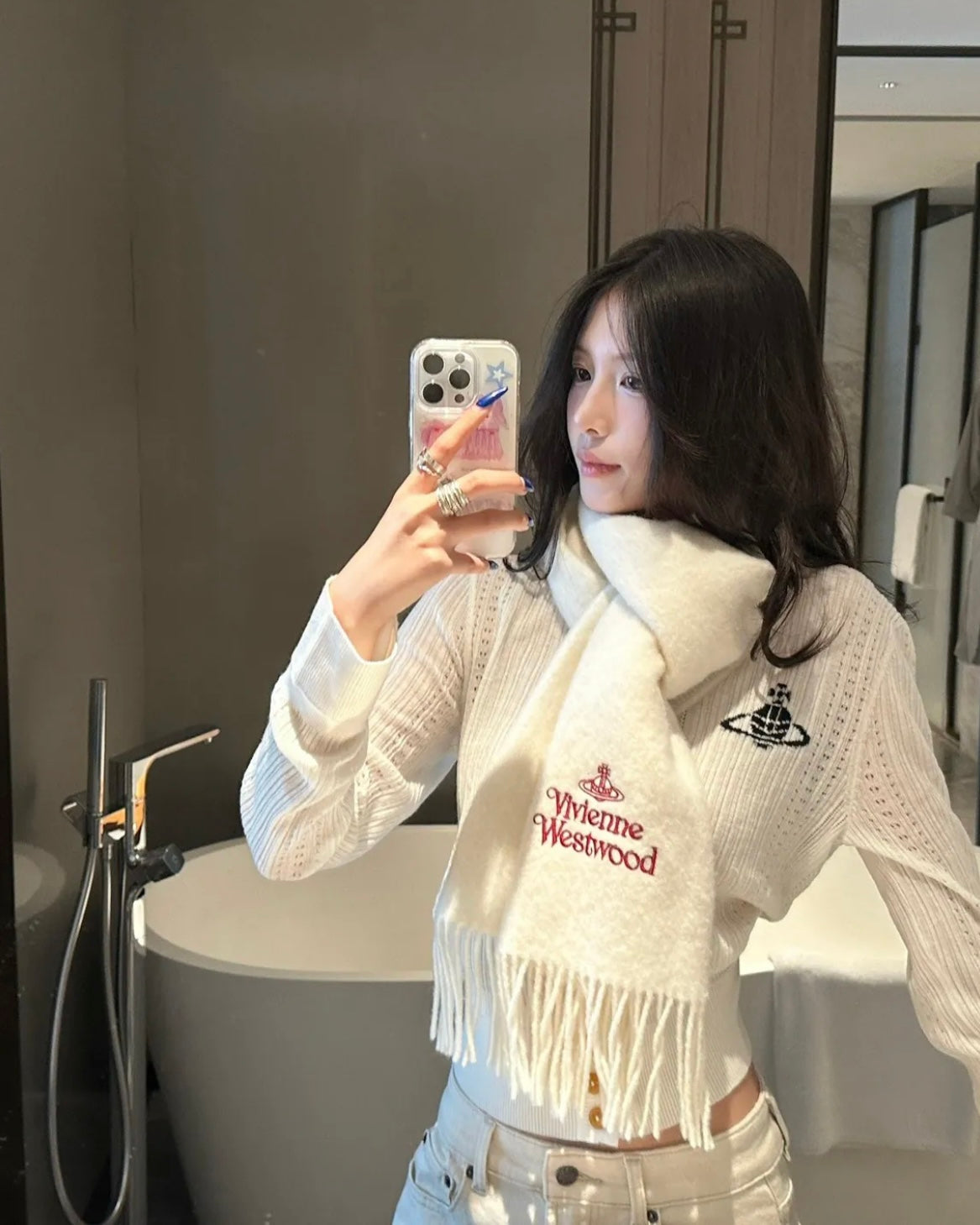 Vivienne Westwood Embroidered Logo Scarf (100% wool) [White, in stock, Japanese version, made in Italy!] 