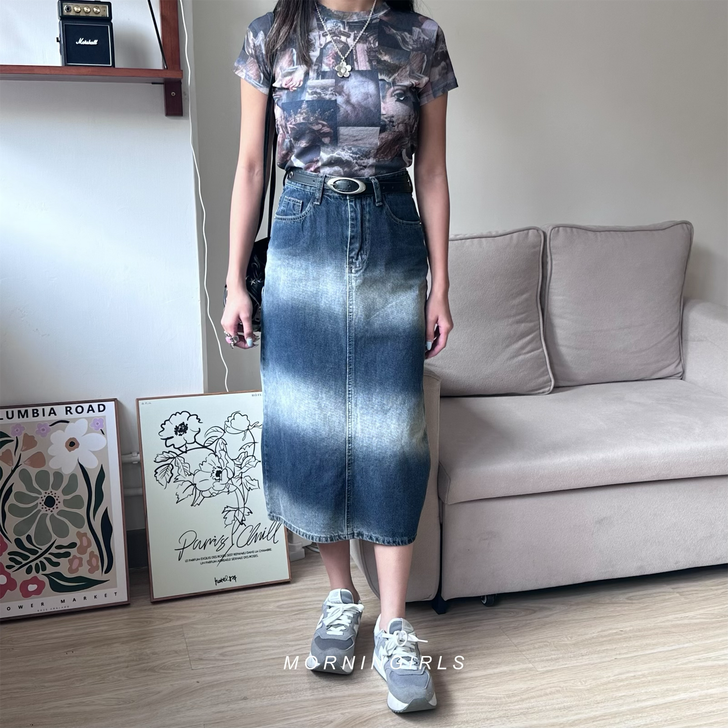 A-cut Denim Faded Straight Skirt
