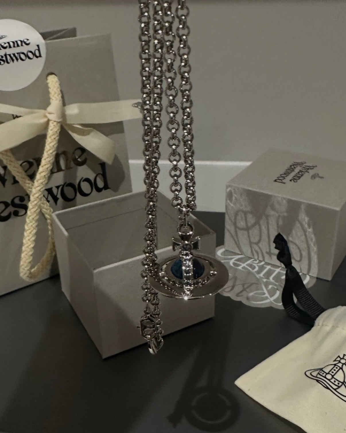 Vivienne Westwood ORB Pendant Crystal Necklace in Denim Blue [Men's Long Necklace!]