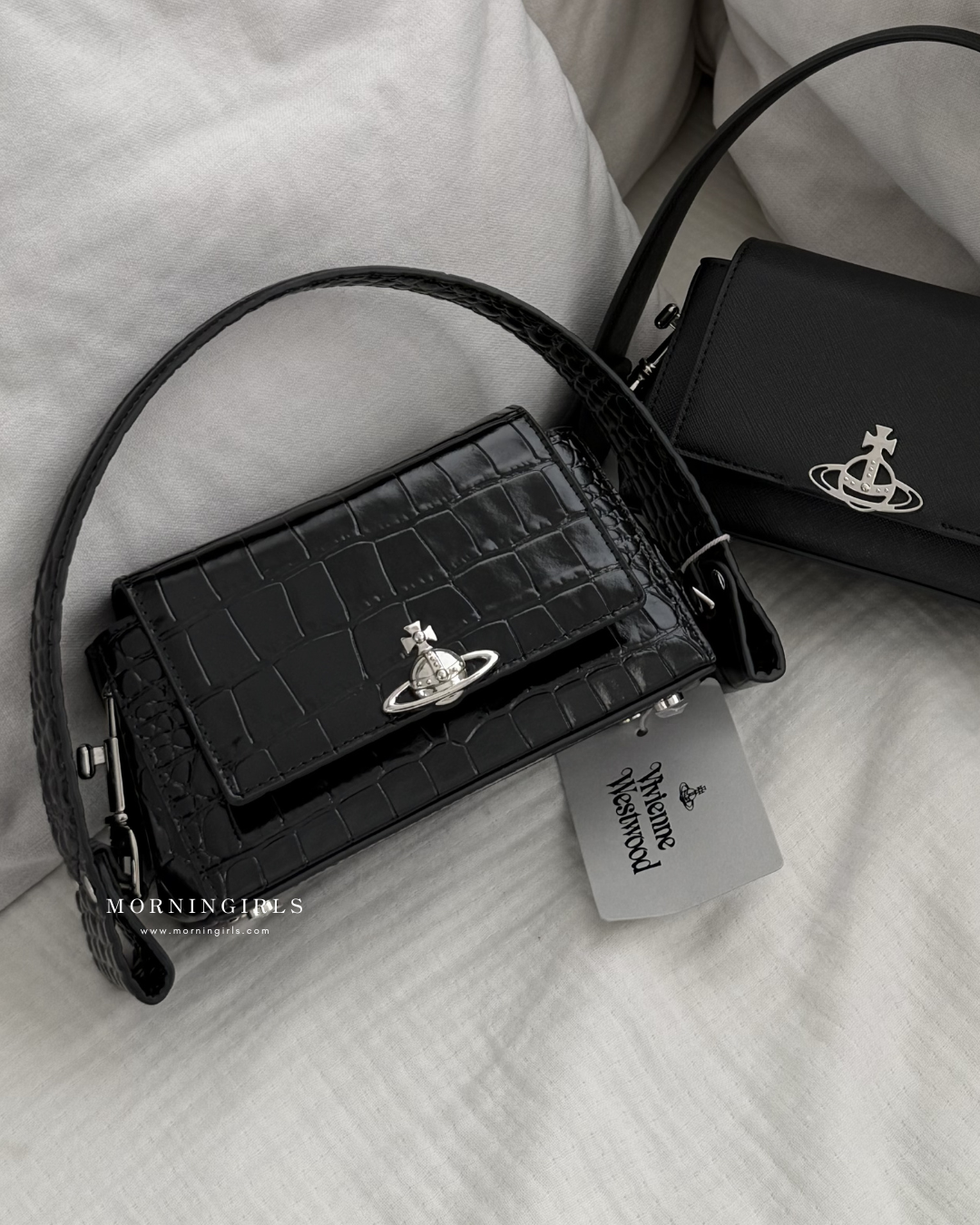 Vivienne Westwood Hazel Handbag, Black Crocodile Leather [Large Grid Pattern Discontinued! Only two sizes left, limited pre-orders available. Once sold out, it will be replaced with a new version!]