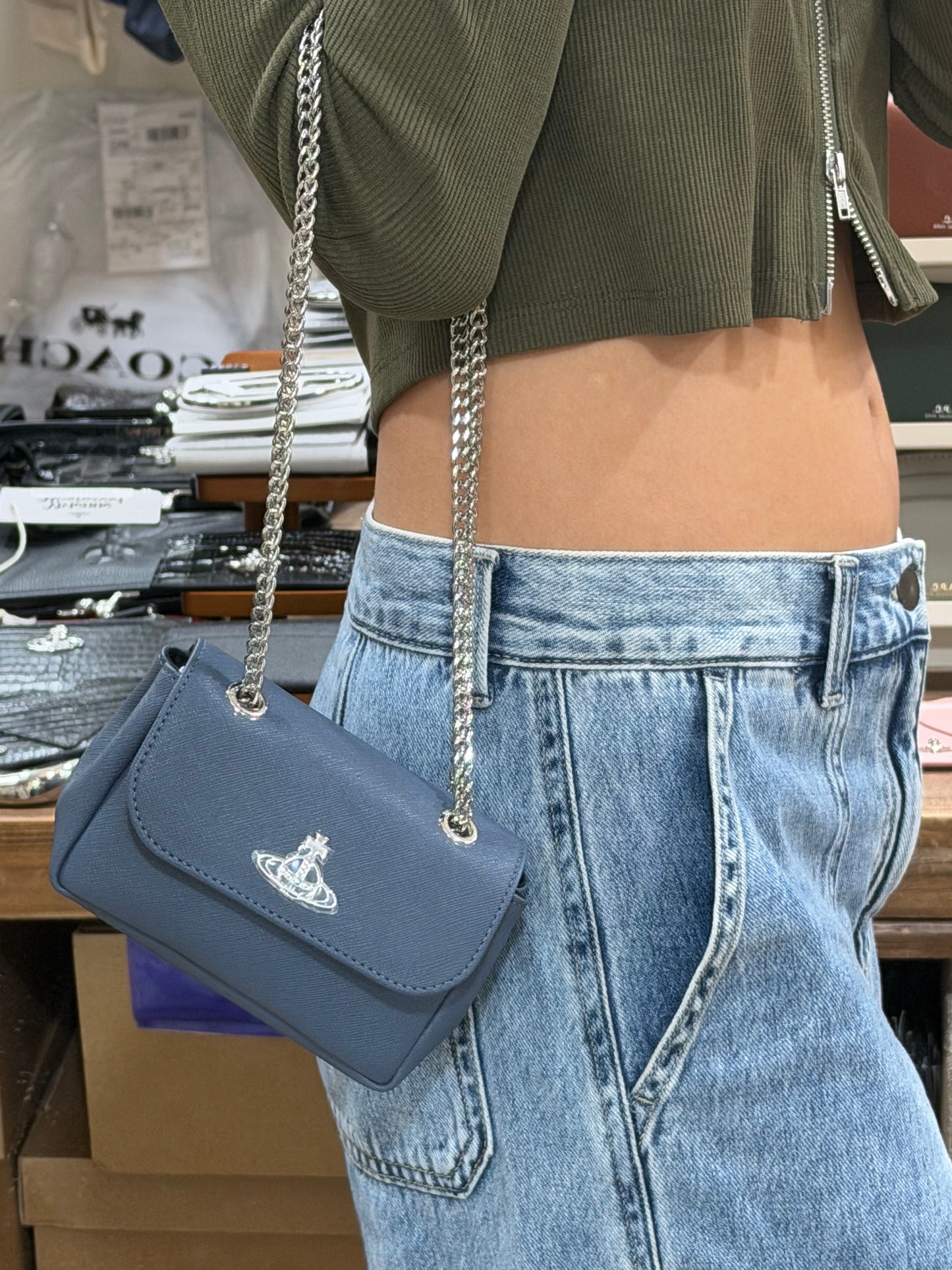 Vivienne Westwood Small Derby Bag with Chain 限定霧灰藍十字紋 ［約會小禮服神器］