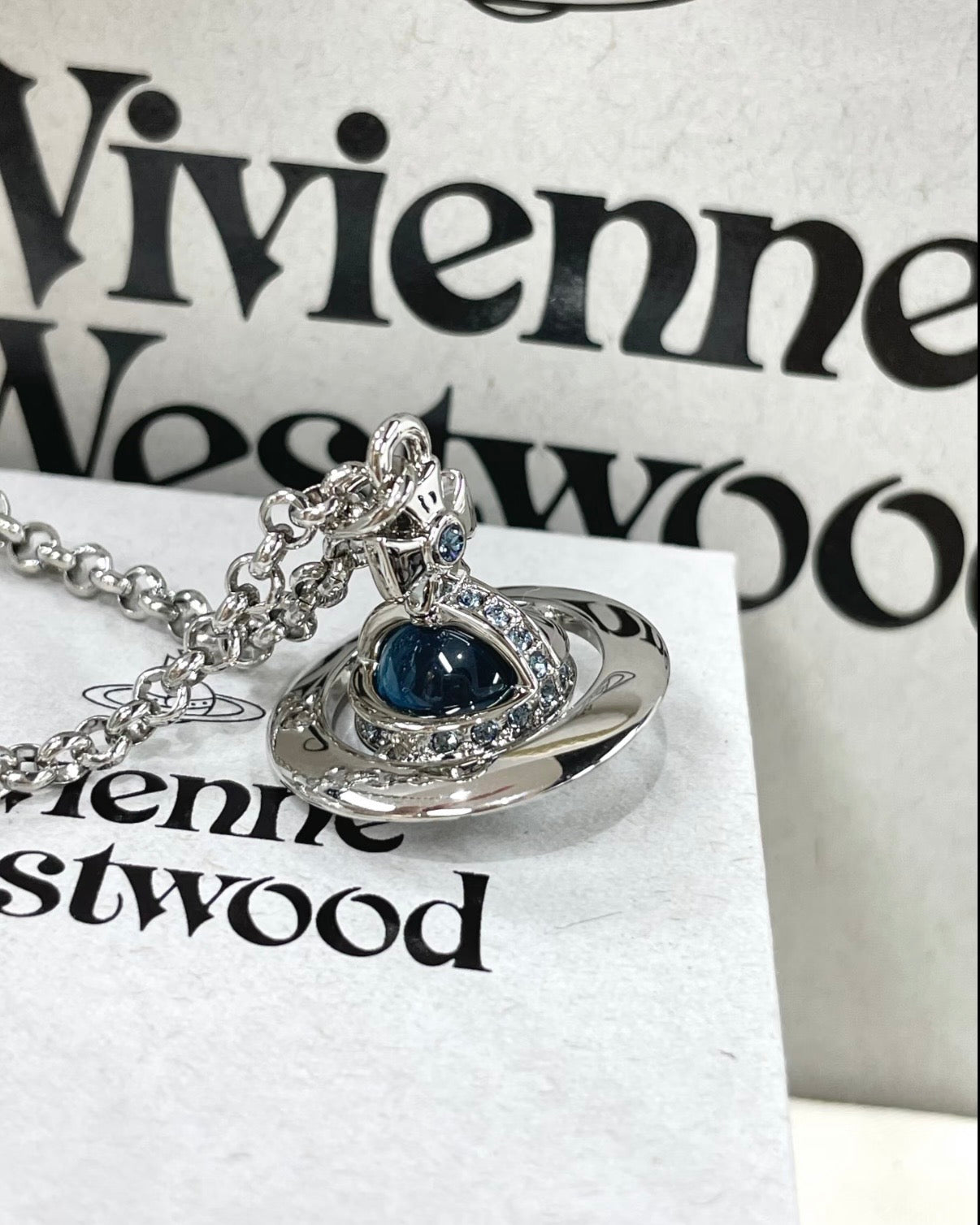 Vivienne Westwood ORB Pendant Crystal Necklace in Denim Blue