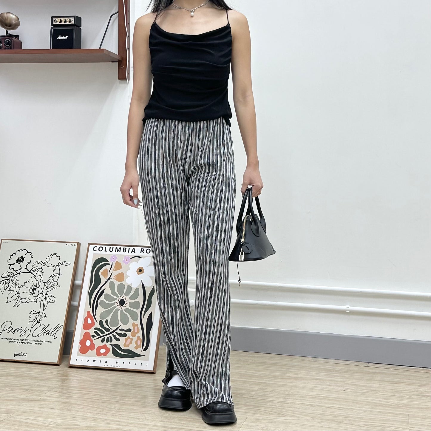Striped Bell-Bottom Tight Pants