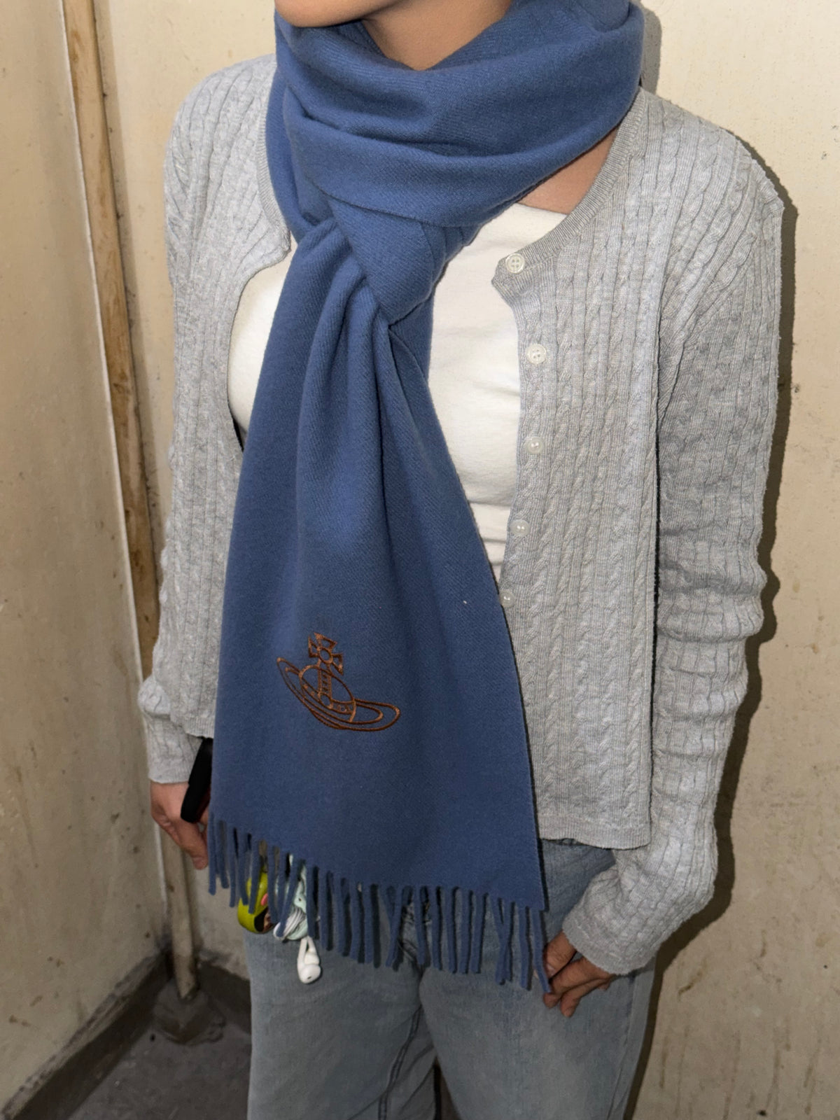 Vivienne Westwood Embroidered Orb Scarf (100% wool) [絕美霧灰藍]