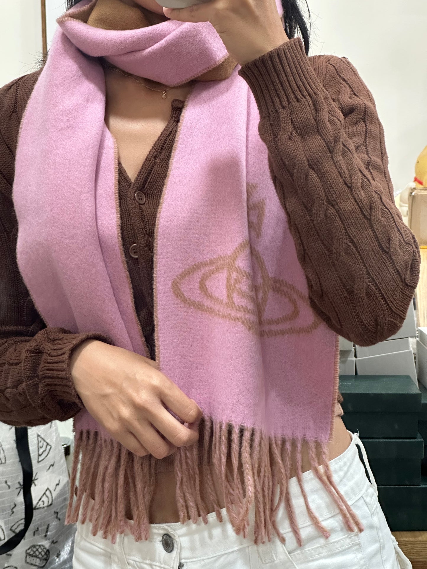 Vivienne Westwood Double ORB Logo Scarf (100% wool) 粉紅焦糖雙面 [日本版 意大利製!]