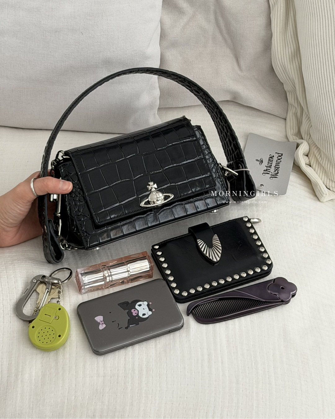 Vivienne Westwood Hazel Handbag, Black Crocodile Leather [Large Grid Pattern Discontinued! Only two sizes left, limited pre-orders available. Once sold out, it will be replaced with a new version!]
