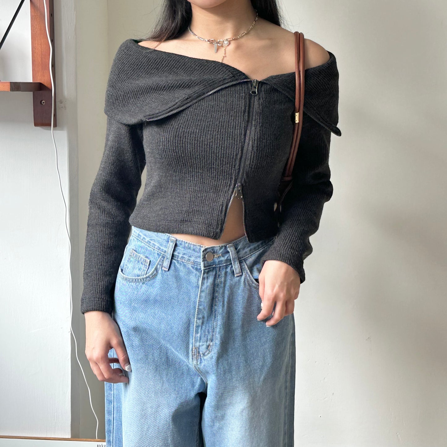 大反領雙拉鏈 OFF SHOULDER KNITTED TOP [推介!!]