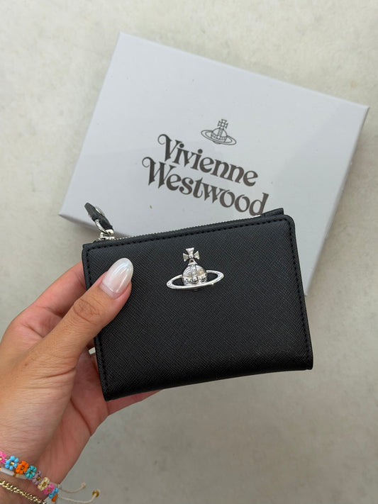 Vivienne Westwood 兩摺拉鍊小銀包 黑銀十字紋