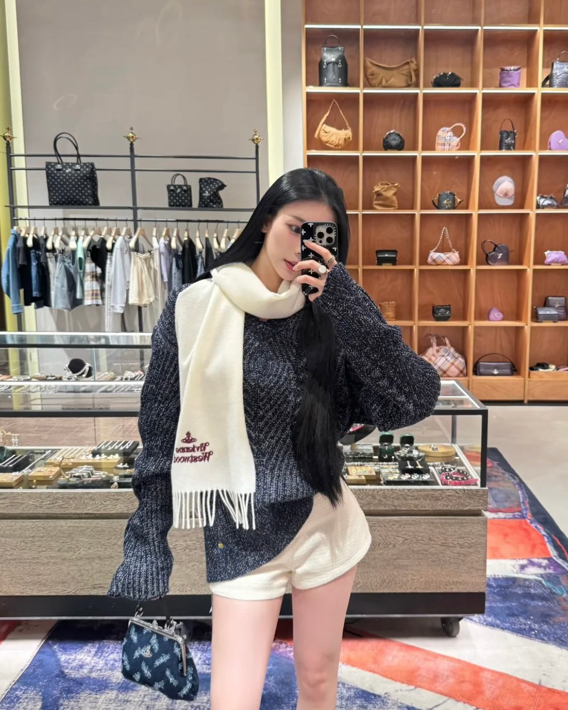 Vivienne Westwood Embroidered Logo Scarf (100% wool) [White, in stock, Japanese version, made in Italy!] 