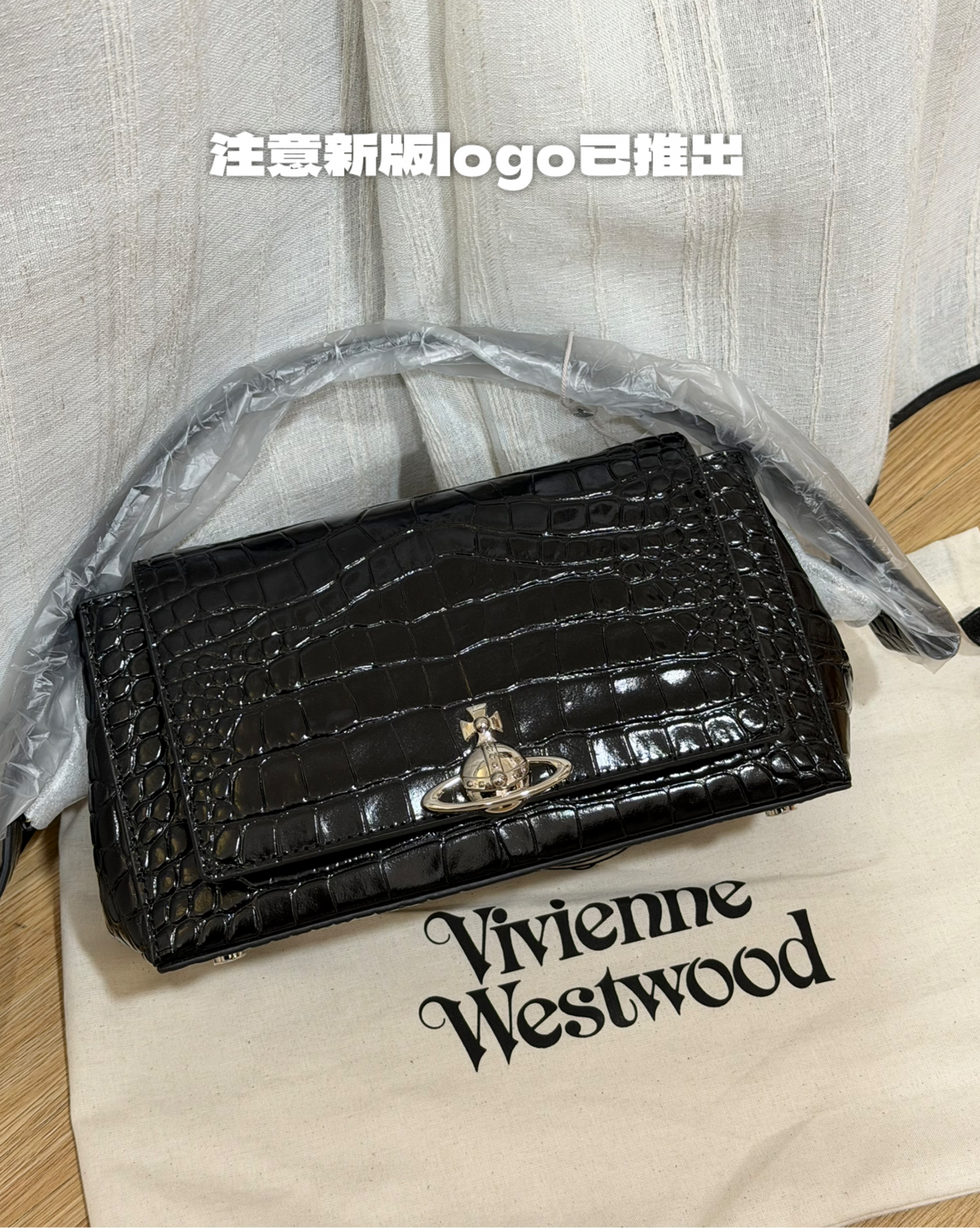 Vivienne Westwood Hazel Handbag, Black Crocodile Leather [Large Grid Pattern Discontinued! Only two sizes left, limited pre-orders available. Once sold out, it will be replaced with a new version!]
